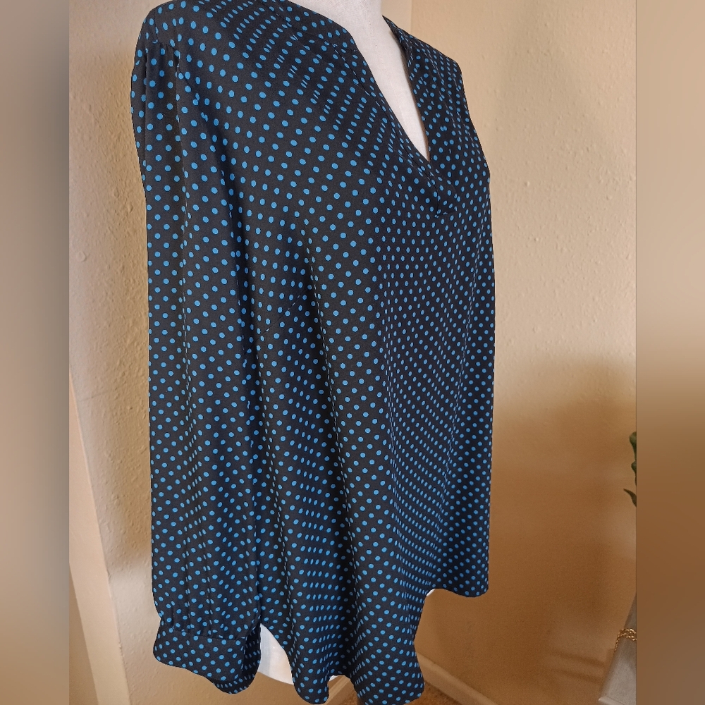 Anne Klein Black with Blue Polka Dots Long Sleeve Blouse XL XXL - Picture 4 of 11
